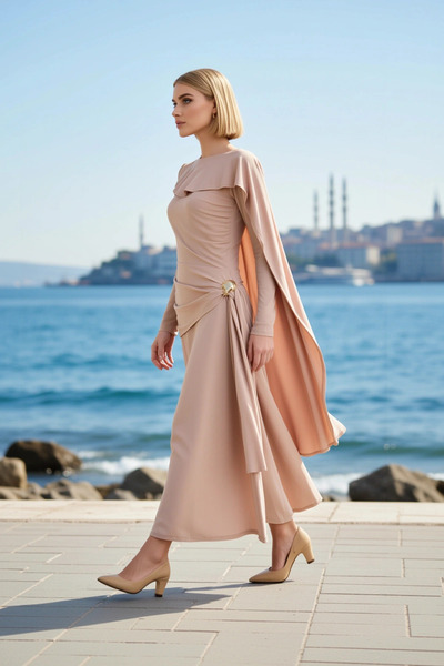 BENERLY Women's Maxi Dress Crew Neck Long Sleeve Shawl Detailed Knitted Sandy...