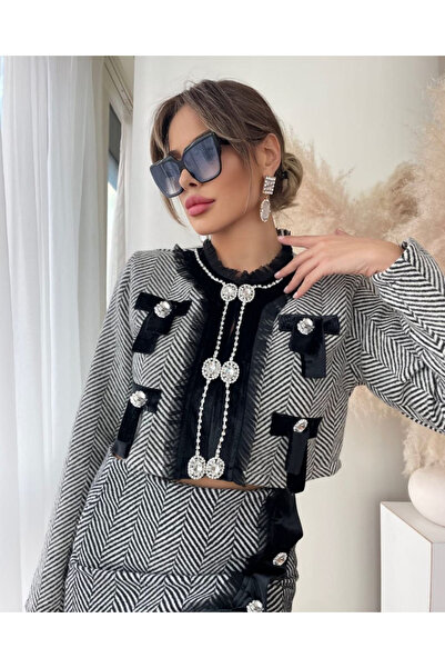 Mad Diva Costum cu fusta si sacou, alb-negru, Rebecca