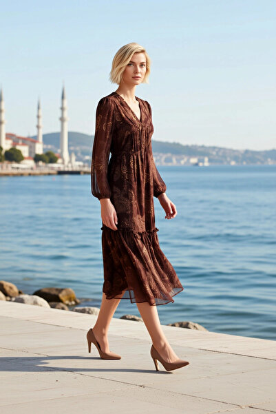 BENERLY Women's Maxi Dress V-Neck Long Balloon Sleeve Shawl Pattern Skater Pa...