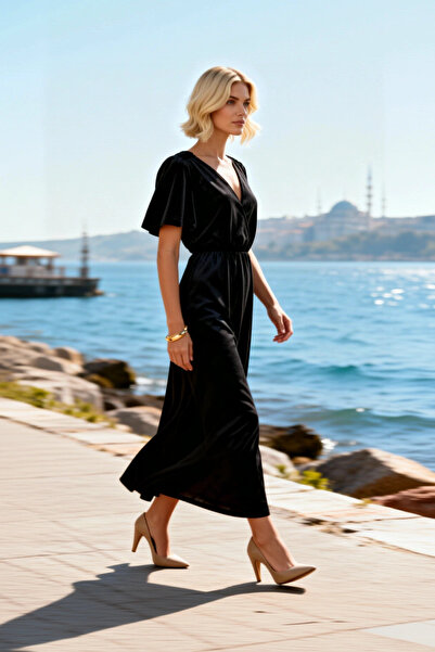 BENERLY Women's Midi Dress Double Breasted V-Neck Angel Sleeve Plain Pattern ...