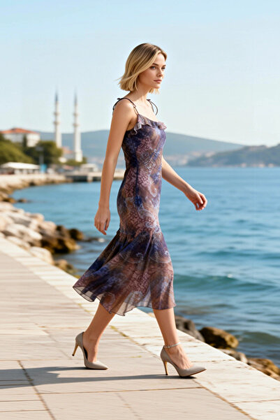 BENERLY Women Midi Dress Degaje Collar Thin Straps Sleeveless Chiffon Woven A...