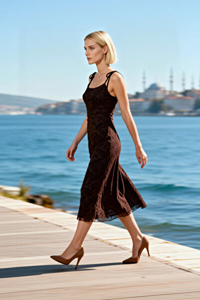 BENERLY Women's Midi Dress Square Collar Thin Straps Sleeveless Gathered Tull...