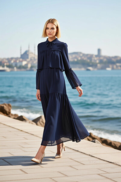 BENERLY Women's Maxi Dress Lapel Long Sleeve Gathered Cuff Lined Chiffon Wove...