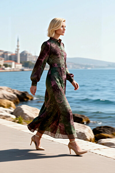 BENERLY Women's Maxi Dress Lapel Long Sleeve Shawl Patterned Lined A-Line Wov...