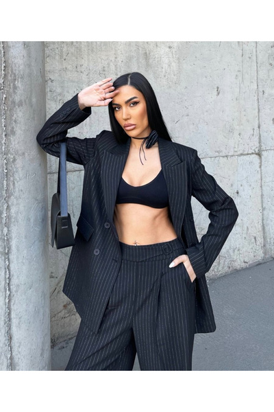 Mad Diva Elegant black Striped oversized suit made of fabric - long jacket an...