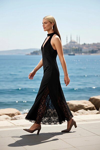 BENERLY Women's Maxi Dress Halter Neckline V Cut Sleeveless Knitted Velvet Fa...