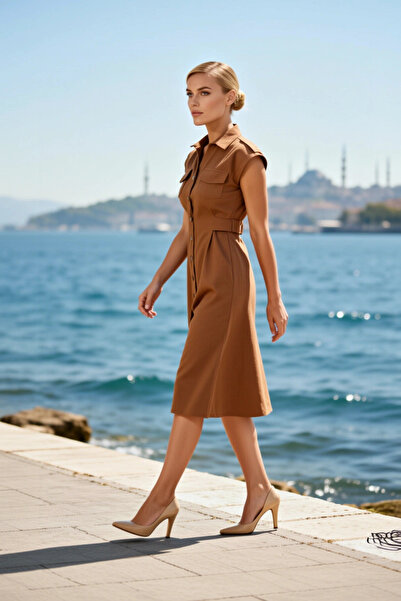 BENERLY Women's Midi Dress Lapel Short Sleeve Woven Fabric Plain Pattern Acce...