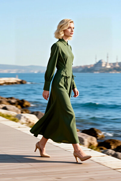 BENERLY Women's Maxi Dress Collar Long Sleeve Cuffed Jessica Woven Fabric A-L...