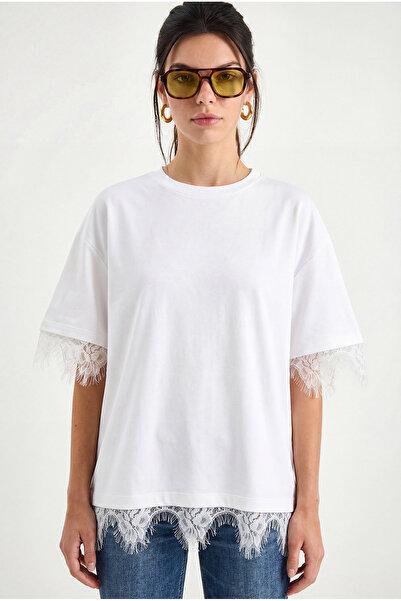 Bianco Lucci Tricou oversize cu decolteu rotund și detalii din dantelă pentru...