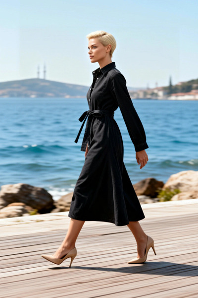 BENERLY Women's Maxi Dress Lapel Long Sleeve Belt Detailed Plain Pattern Func...