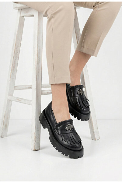 Dasha Women's black genuine Leather loafers with ornament