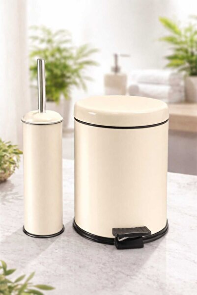 Yufira Life Lüks Amortisörlü 5 L Banyo Seti 2'li krem - Çöp Kovası ve Fırçalık