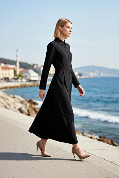 BENERLY Women's Maxi Dress Shirt Collar Balloon Sleeve Long A-Line Woven Terr...