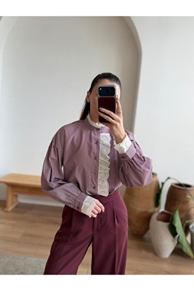 ALVOR Guipure Detailed Striped Poplin Design Shirt