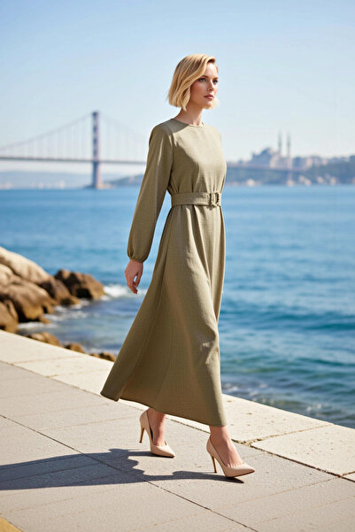 BENERLY Women's Maxi Dress Crew Neck Long Sleeve Belted Woven Look Unlined Pl...