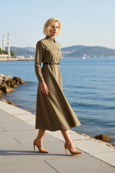 BENERLY Women Shirt Skirt Maxi Dress Lapel Long Sleeve Balloon Woven Fabric P...