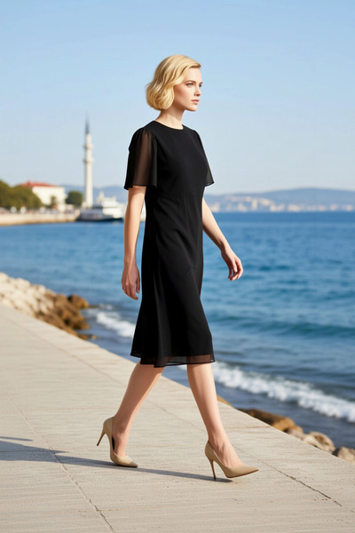 BENERLY Women's Plus Size Midi Dress Crew Neck Short Angel Sleeve Chiffon Wov...