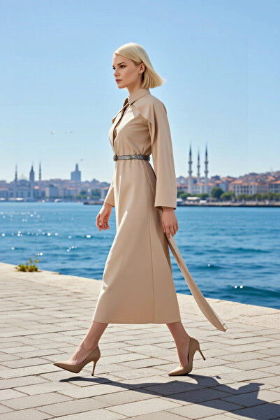 BENERLY Women's Maxi Dress Lapel Long Sleeve A-Line Pattern Belted Shoulder D...