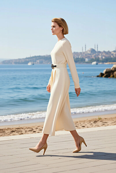 BENERLY Women's Maxi Dress A-Line Crew Neck Long Sleeve Woven Look Plain Patt...