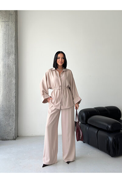 MODAMERSİ Women's Beige Waist-Tied Top and Bottom Two-Piece Set