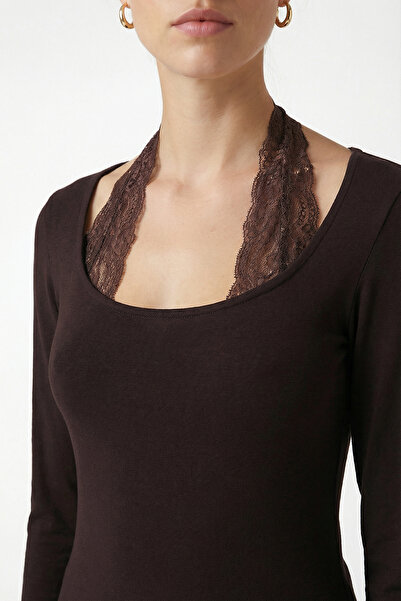 Ritnice Kadın Emma Dantel Detaylı Uzun Kollu Kahverengi Basic Top / Bluz