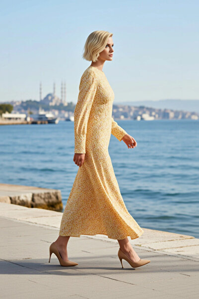 BENERLY Women's Maxi Dress A-Line Fit Crew Neck Long Balloon Sleeve Floral Pa...