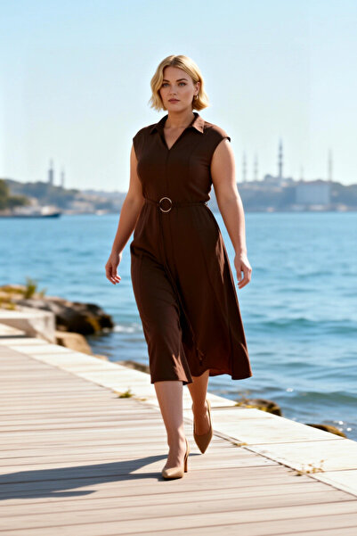 BENERLY Women's Plus Size Midi Dress Lapel Collar Sleeveless Woven Aerobin Fa...