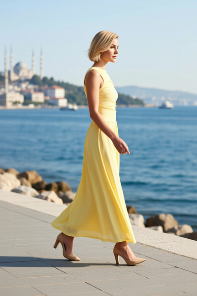 BENERLY Women's Maxi Dress Boat Neck Sleeveless A-Line Knitted Shirred Plain ...