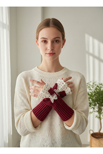 Innovate Store Burgundy Hand Knitted Lace Fingerless Gloves Women's Lace Deta...