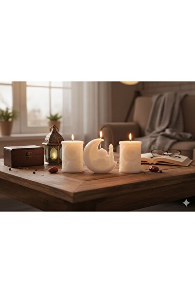 Marlina RAMAZAN TEMALI CAMİİ İŞLEMELİ AY, YILDIZ MUM SETİ - İftar Sofrası Dekoru