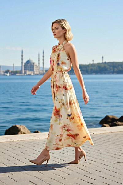 BENERLY Women's Maxi Dress Halter Neck Sleeveless Lined Floral Pattern A-Line...