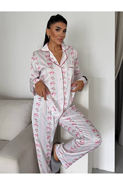 delis Women's two-piece pajama set, with buttons – 2500343, White/Pink