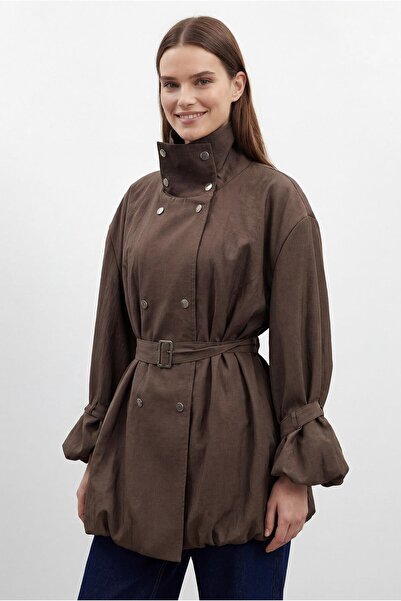 Soul Women's Stand Collar Waist-Tie Design Jacket – 32469Ckt - Brown