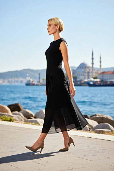 BENERLY Women's Midi Dress Crew Neck Sleeveless Knitwear Woven A-Line Mold De...