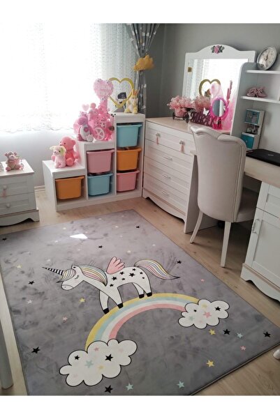Evmila Gri Unicorn Baskı Halı Modeli