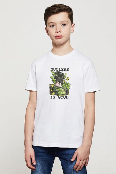 QIVI Tricou alb cu imprimeu Nuclear Is Good pentru băiat