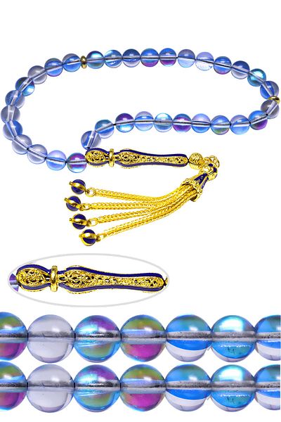 Tesbih Atölyesi Certified Filigree Tassel Dark Blue Shiny Natural Thermal Quartz Stone Rosary