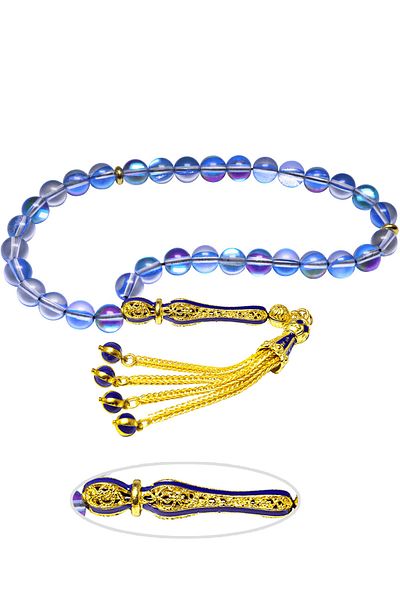 Tesbih Atölyesi Certified Filigree Tassel Dark Blue Shiny Natural Thermal Quartz Stone Rosary