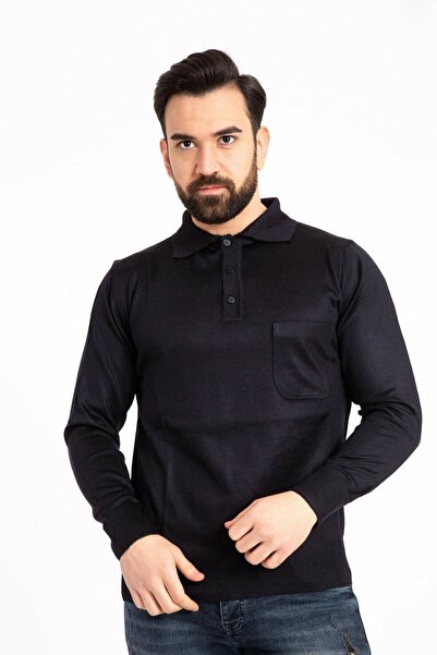 Nacar Erkek Lacivert Ince Yün Triko Örgü Polo Yaka Kazak