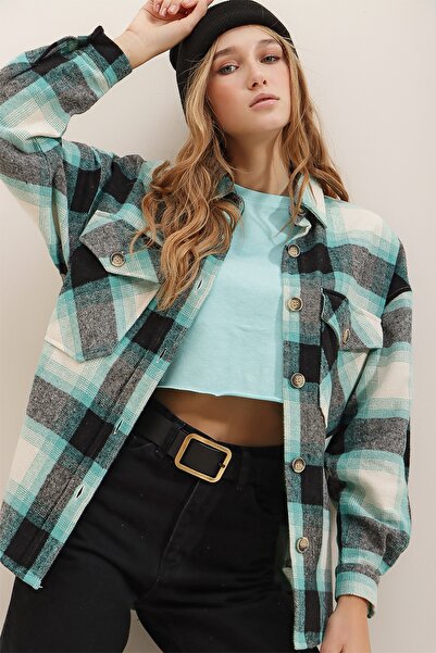 Trend Alaçatı Stili Dámské mátové kostkované vzorované razítko bavlněná oversize bunda košile ALC-X7142