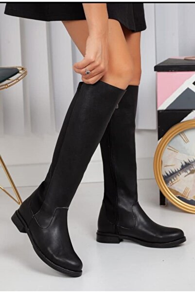 FLORİN Kadın Siyah Kısa Topuklu Diz Altı Çizme