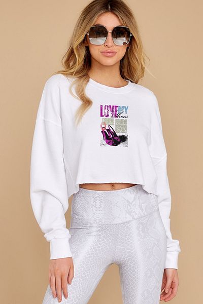 QIVI Love My Shoes Printed Crop Women's Knitted White Sweatshirt Long Sleeve
