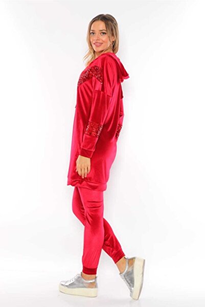 WestBound Women's Sequin Detailed Hooded Velvet Suit Tracksuit