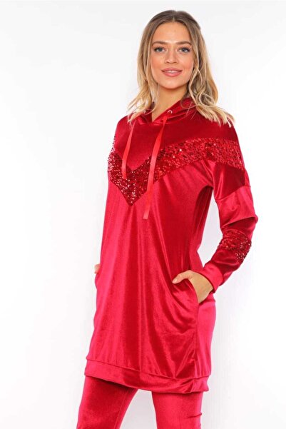 WestBound Women's Sequin Detailed Hooded Velvet Suit Tracksuit
