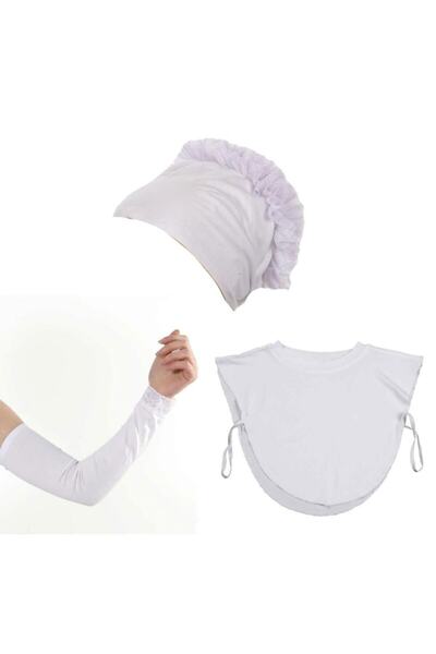 ZUBİZUBİ Hijab Set of 3 White Lace Bonnet, Neck Collar, Sleeve