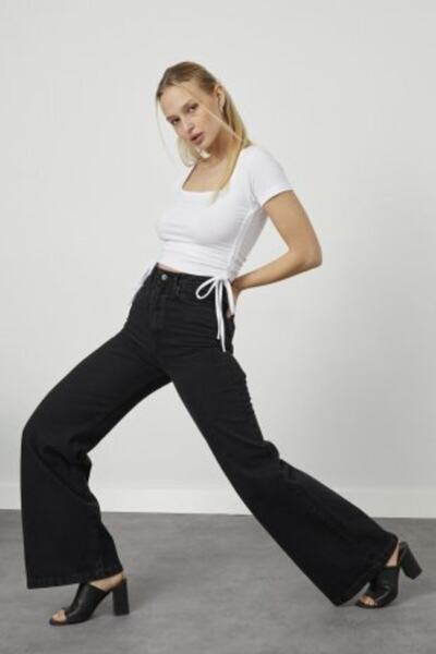 Ramrod Чорні джинси з еластичним поясом, широкими штанинами, супервисокою тал...