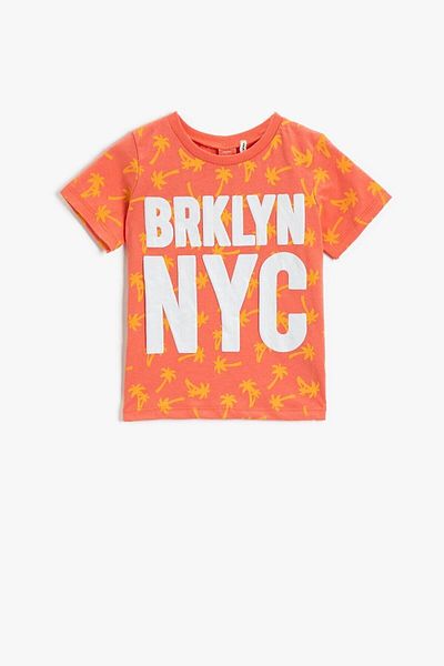 Koton Letter Printed T-Shirt Crew Neck Cotton - Coral Striped