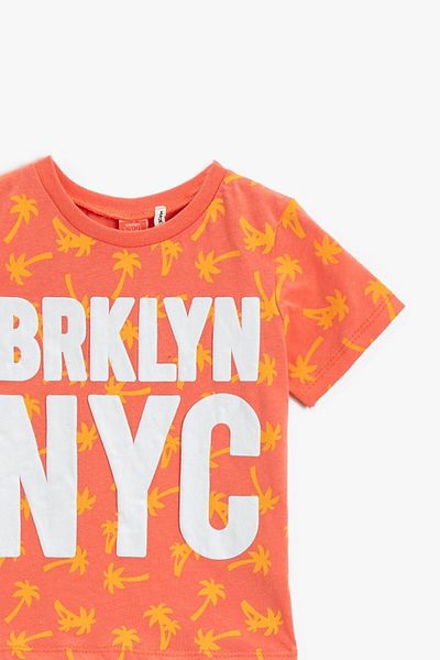 Koton Letter Printed T-Shirt Crew Neck Cotton - Coral Striped