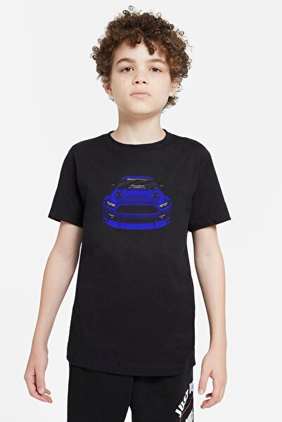 QIVI Unisex dečji crni Mustang Štampano T-shirt