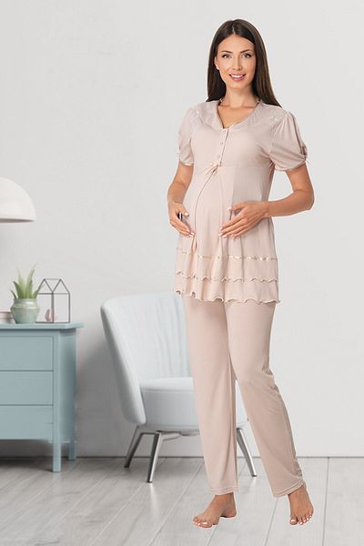 lohusahamile Σετ πιτζάμες εγκυμοσύνης Milky Brown Shoulders Lace Effortt 8022